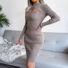 Knitted Pretty Metal Details Acrylic High Collar Sweater Midi Dress - Image 4