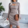 Knitted Pretty Metal Details Acrylic High Collar Sweater Midi Dress