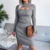 Knitted Pretty Metal Details Acrylic High Collar Sweater Midi Dress - Image 24