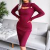 Knitted Pretty Metal Details Acrylic High Collar Sweater Midi Dress - Image 18
