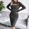 Knitted Pretty Metal Details Acrylic High Collar Sweater Midi Dress - Image 13