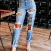 Ripped Jeans For Women High Rise Straight Cotton Bottom
