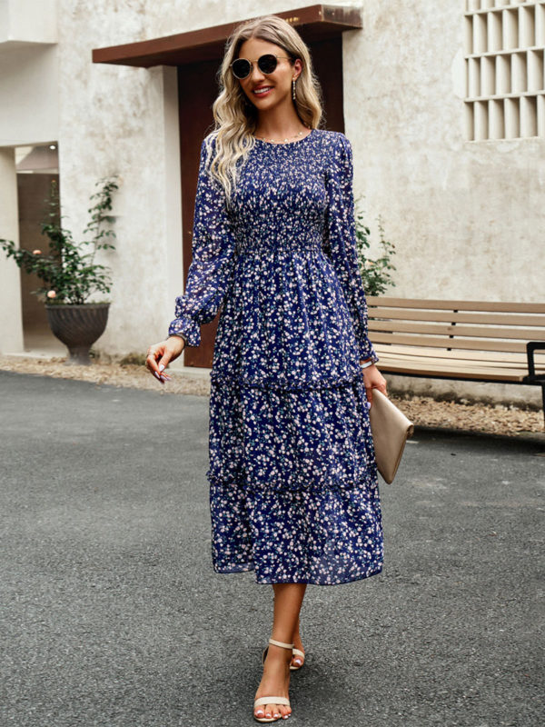 Floral Dress Layered Jewel Neck Long Sleeves Fall Midi Dress - Image 2