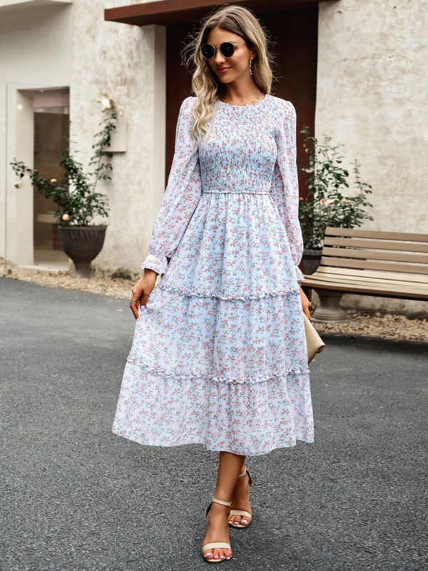 Floral Dress Layered Jewel Neck Long Sleeves Fall Midi Dress - Image 3