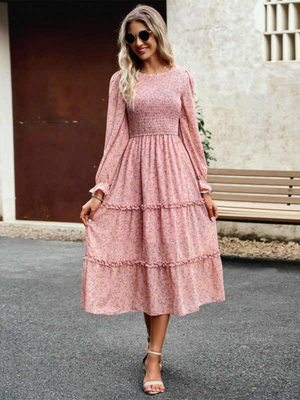 Floral Dress Layered Jewel Neck Long Sleeves Fall Midi Dress