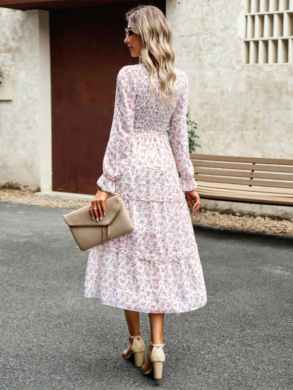 Floral Dress Layered Jewel Neck Long Sleeves Fall Midi Dress - Image 5