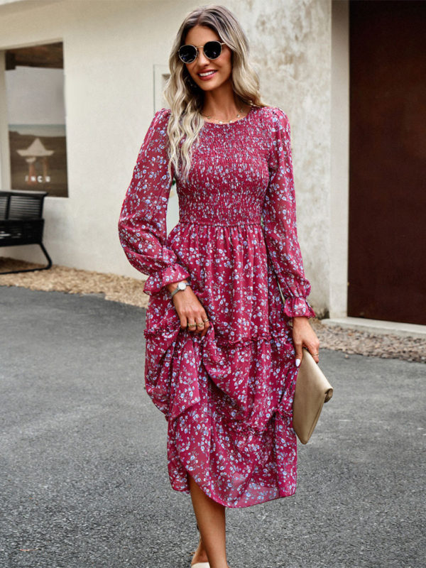 Floral Dress Layered Jewel Neck Long Sleeves Fall Midi Dress - Image 6