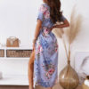 Maxi Dresses Short Sleeves Violet Floral Print Turndown Collar Split Front Lace Up Long Dress - Image 3