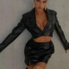Leather Mini Dress for Women, Hollow Bodycon, Sexy Streetwear, Party Club