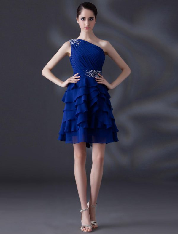 A-line Beading One-Shoulder Chiffon Gorgeous Cocktail wedding guest dress