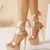 High Heel Sandals Champagne Satin Open Toe Shoes - Image 2