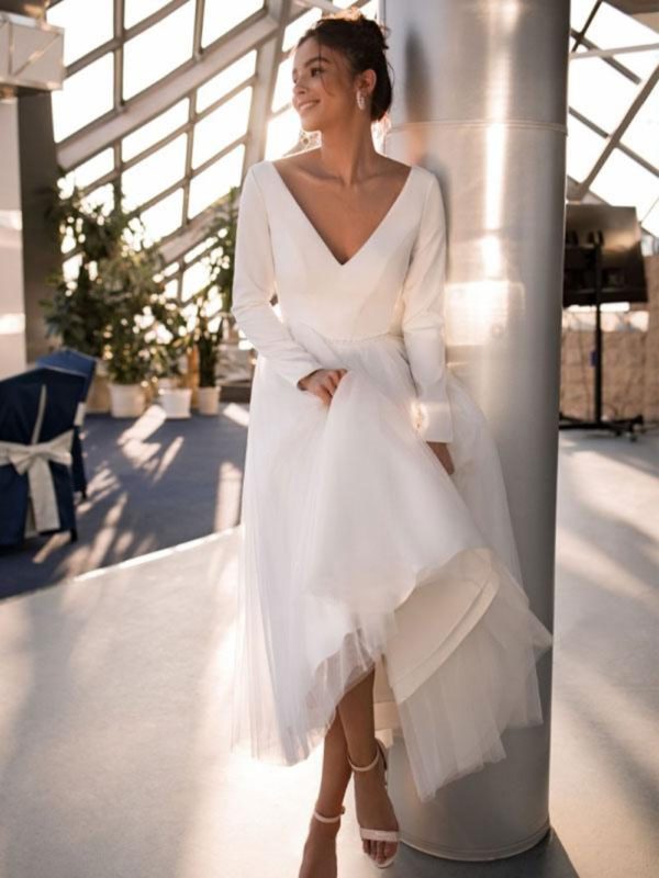 Short Wedding Dresses Long Sleeves A-Line Tea-Length Bridal Dresses