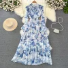 Floral Print Flare Sleeve Stand Collar Female Chiffon Maxi Dress