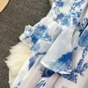 Floral Print Flare Sleeve Stand Collar Female Chiffon Maxi Dress - Image 4
