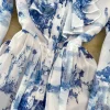 Floral Print Flare Sleeve Stand Collar Female Chiffon Maxi Dress - Image 3