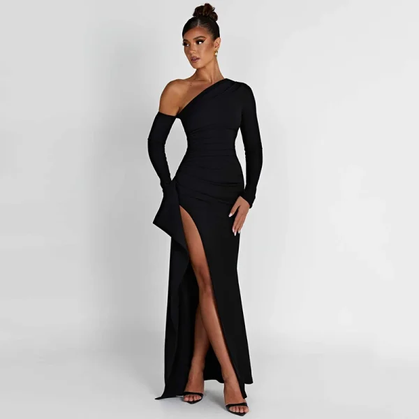 One Shoulder Long Sleeve Long Party Evening Dresses Elegant Gown Backless Ruffle Maxi Dress