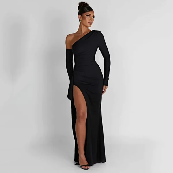 One Shoulder Long Sleeve Long Party Evening Dresses Elegant Gown Backless Ruffle Maxi Dress - Image 3