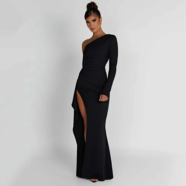 One Shoulder Long Sleeve Long Party Evening Dresses Elegant Gown Backless Ruffle Maxi Dress - Image 4