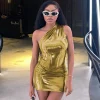One Shoulder Night Club Bodycon Tight Short Metallic Mini Dress - Image 9