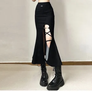 Gothic Style Slit Mermaid Hollow Out High Waist All Match Midi Skirt