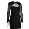Hollow Out Ruched Mini Dress Two Layer Mesh Sheer Long Sleeve Bodycon Party Short Dress - Image 11