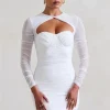 Hollow Out Ruched Mini Dress Two Layer Mesh Sheer Long Sleeve Bodycon Party Short Dress - Image 3