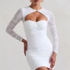 Hollow Out Ruched Mini Dress Two Layer Mesh Sheer Long Sleeve Bodycon Party Short Dress