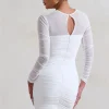 Hollow Out Ruched Mini Dress Two Layer Mesh Sheer Long Sleeve Bodycon Party Short Dress - Image 2
