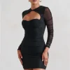 Hollow Out Ruched Mini Dress Two Layer Mesh Sheer Long Sleeve Bodycon Party Short Dress - Image 4