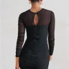 Hollow Out Ruched Mini Dress Two Layer Mesh Sheer Long Sleeve Bodycon Party Short Dress - Image 6