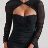 Hollow Out Ruched Mini Dress Two Layer Mesh Sheer Long Sleeve Bodycon Party Short Dress - Image 5