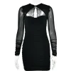 Hollow Out Ruched Mini Dress Two Layer Mesh Sheer Long Sleeve Bodycon Party Short Dress - Image 12
