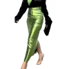 A Line High Waist Leather Hip Slit Elegant And Vintage Midi Skirts - Image 6