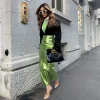 A Line High Waist Leather Hip Slit Elegant And Vintage Midi Skirts - Image 5