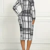 Casual Crew Neck Plaid Print Long Sleeve Slight Stretch Midi Dress - Image 5