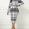 Casual Crew Neck Plaid Print Long Sleeve Slight Stretch Midi Dress - Image 4