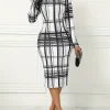Casual Crew Neck Plaid Print Long Sleeve Slight Stretch Midi Dress - Image 3