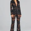 Casual Designer Single Button Zipper Fly Lace Blazer Flare Suit Set