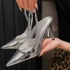 Crystal Metallic Pointy Toe Stiletto Heeled Party Dress Shoes Sandals - Image 3