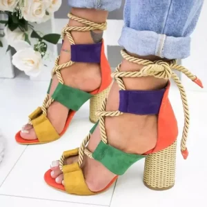 Designer Weave Ankle Lace Slides Open Toe Chunky High Heels Sandals