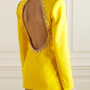 Elegant Designer Rhinestone Diamonds Beaded Backless Long Blazer