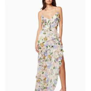 Elegant Irregular Symmetrical Long Side Layered Suspender Floral Maxi Dress
