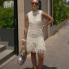 Elegant Knit Tassels Hollow Out O-neck Sleeveless Beach Style Mini Dress - Image 8