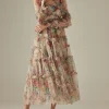 Elegant Lace Lantern Sleeve Mesh Print Cascading Ruffle Vacation Ball Gown Dresses - Image 2