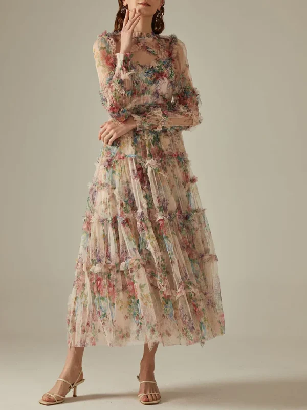 Elegant Lace Lantern Sleeve Mesh Print Cascading Ruffle Vacation Ball Gown Dresses - Image 2