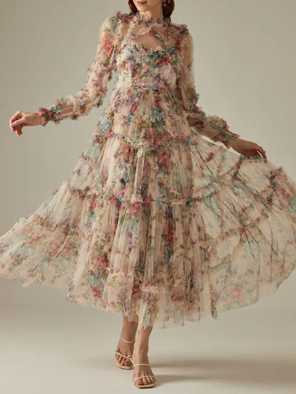 Elegant Lace Lantern Sleeve Mesh Print Cascading Ruffle Vacation Ball Gown Dresses