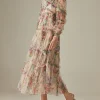 Elegant Lace Lantern Sleeve Mesh Print Cascading Ruffle Vacation Ball Gown Dresses - Image 3