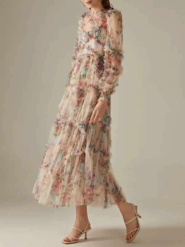 Elegant Lace Lantern Sleeve Mesh Print Cascading Ruffle Vacation Ball Gown Dresses - Image 3