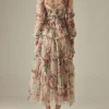 Elegant Lace Lantern Sleeve Mesh Print Cascading Ruffle Vacation Ball Gown Dresses - Image 7
