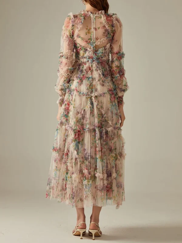 Elegant Lace Lantern Sleeve Mesh Print Cascading Ruffle Vacation Ball Gown Dresses - Image 7